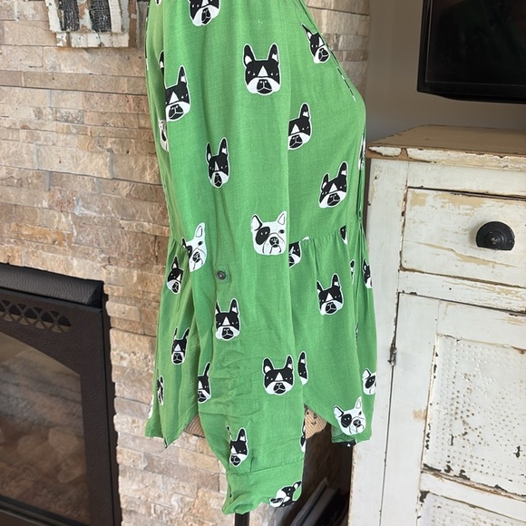 Maeve Anthropologie green composed pin-tuck button down Frenchie Bulldog shirt - Picture 9 of 16